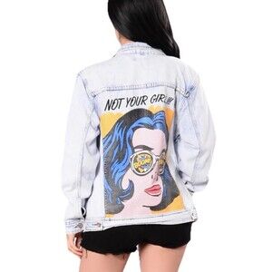 Y2K Pop Art Denim Jacket Not Your Girl Graphic Festival Boho XS
